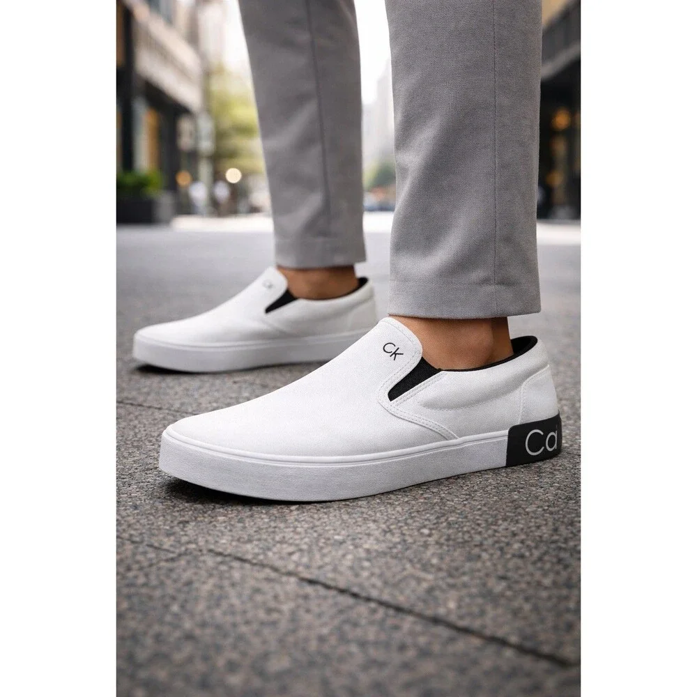 Calvin Klein Slip On Sneakers Mens 13 White Canvas Logo Casual‎ Shoes Coastal